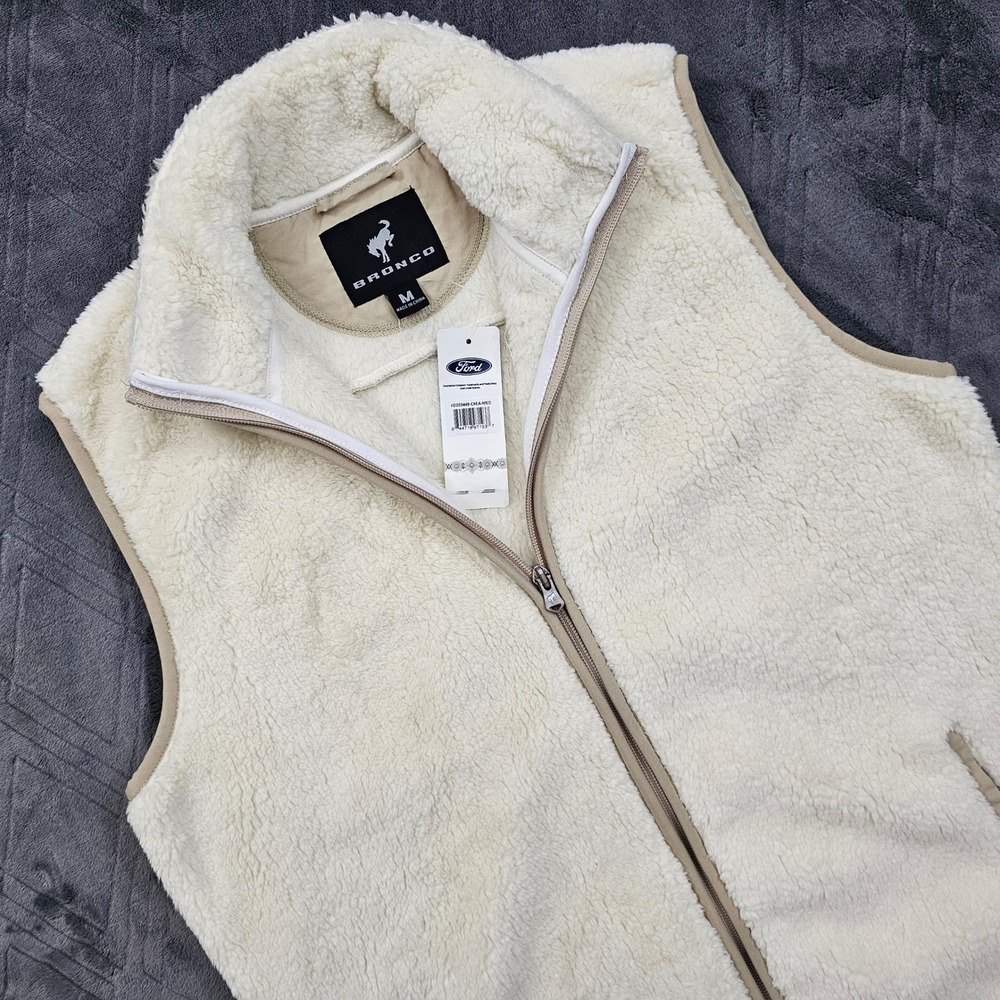 Ford Bronco Vest Women M Cream Tan Sherpa Fleece Zip Outdoor Cozy Car Hiking NEW
